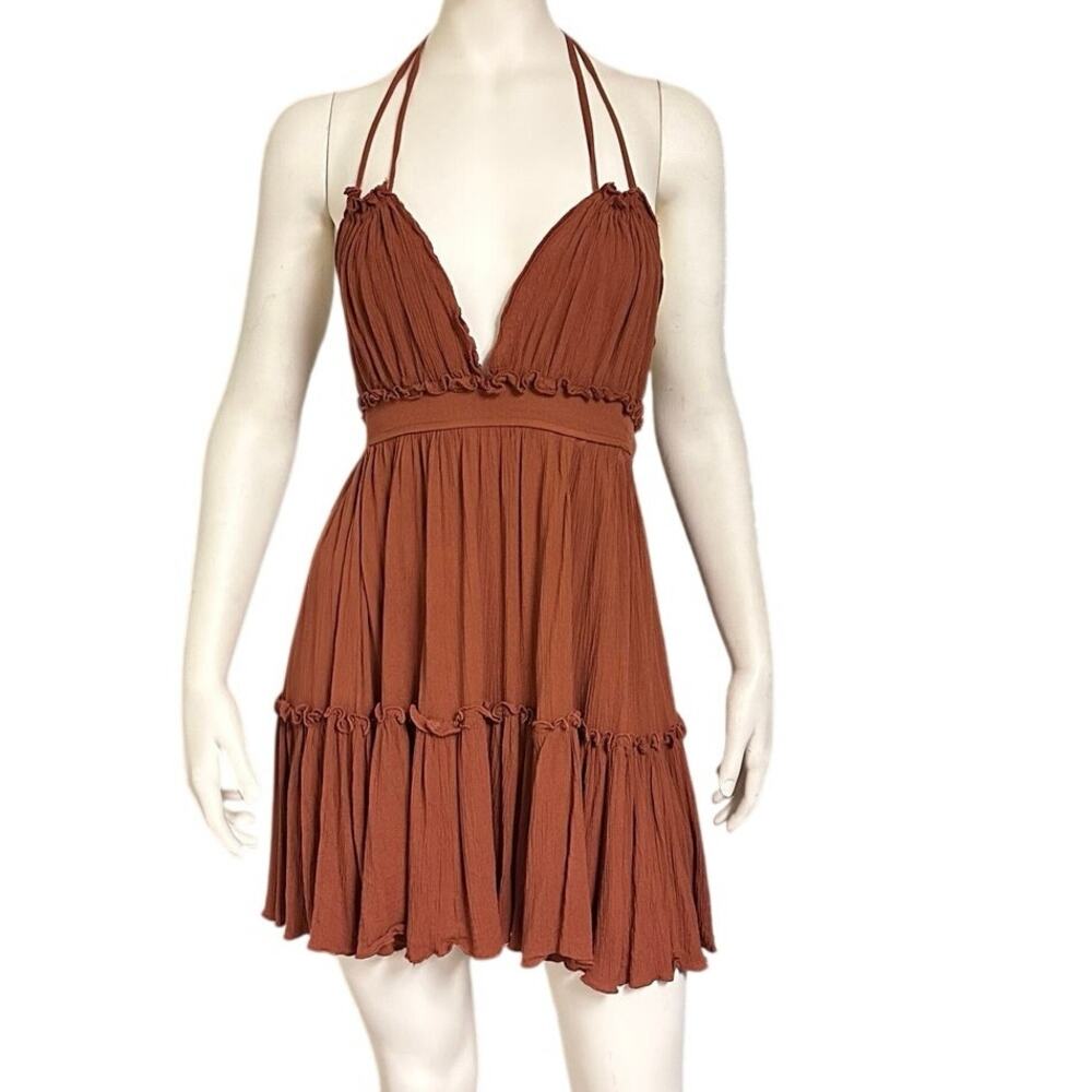 Amiani Tiered Mini Dress Womens L Large Brown Viscose Smocked Drawstring Straps